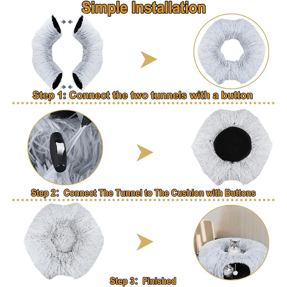 New Arrival Plush Cat Tunnel Bed Foldable Two-in-One round Warmth Pet Nest Thickened Cozy Cuddly Cat Hideaway