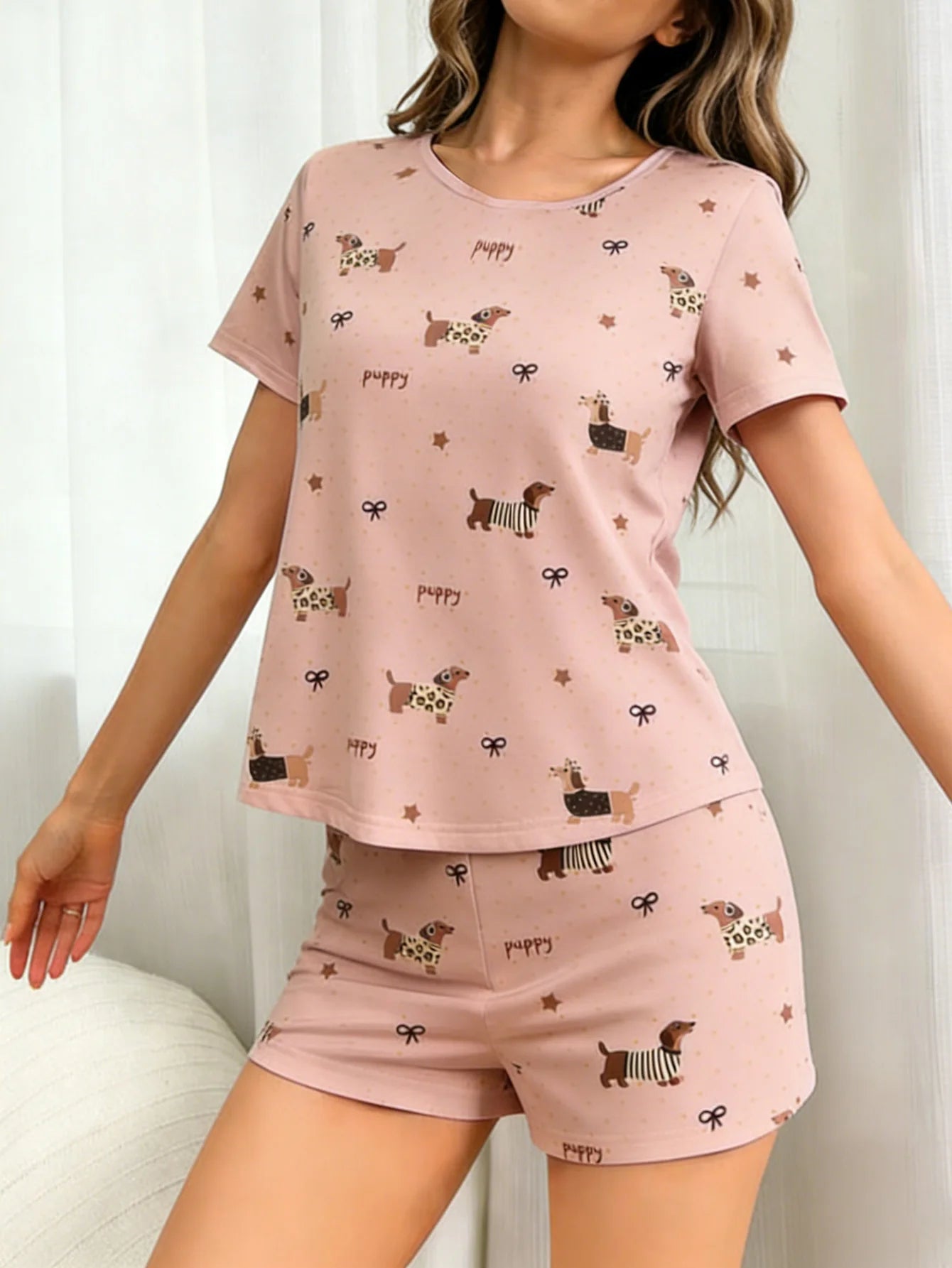 Ladies' Summer Short-Sleeve & Shorts Loungewear Set with Polka-Dot Dachshund Print, Ultra-Soft & Skin-Friendly, Machine Washable