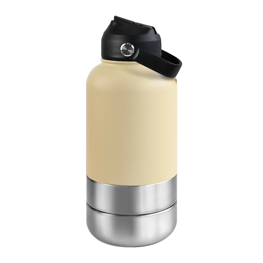 OKKPETS 32Oz Portable 3 in 1 Pet Water Bottle Stainless Steel Pet Feeder Travel Outdoor 34Oz Multifunc Pet Bowl Dog Food Cup