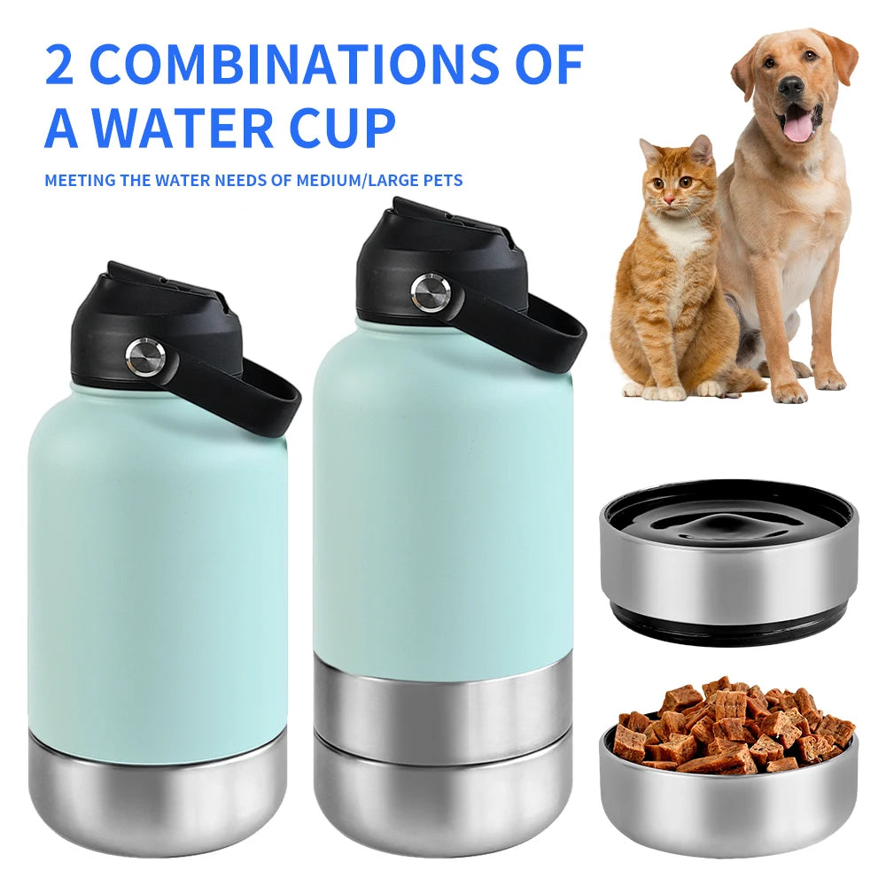 OKKPETS 32Oz Portable 3 in 1 Pet Water Bottle Stainless Steel Pet Feeder Travel Outdoor 34Oz Multifunc Pet Bowl Dog Food Cup