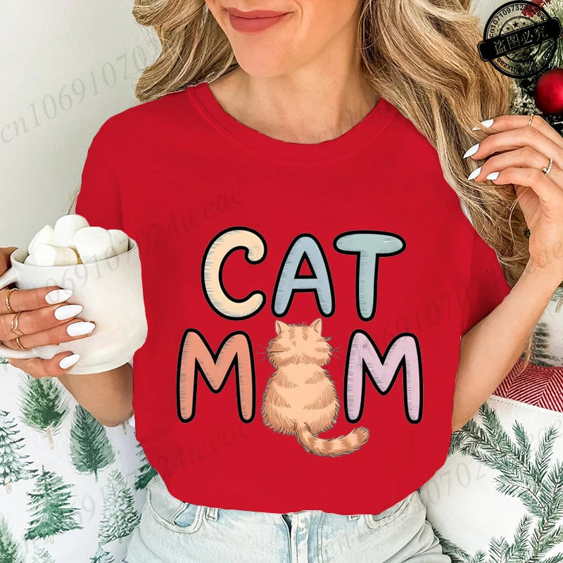 Summer New Fashion T-Shirts Cute Cat Mom Graphic Print Clothing Women's T-Shirt Harajuku Graphic Clothing Women Top Short Sleeve