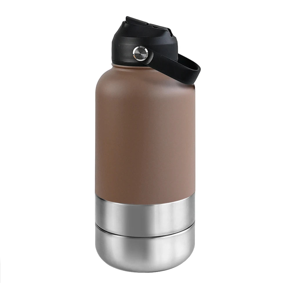 OKKPETS 32Oz Portable 3 in 1 Pet Water Bottle Stainless Steel Pet Feeder Travel Outdoor 34Oz Multifunc Pet Bowl Dog Food Cup