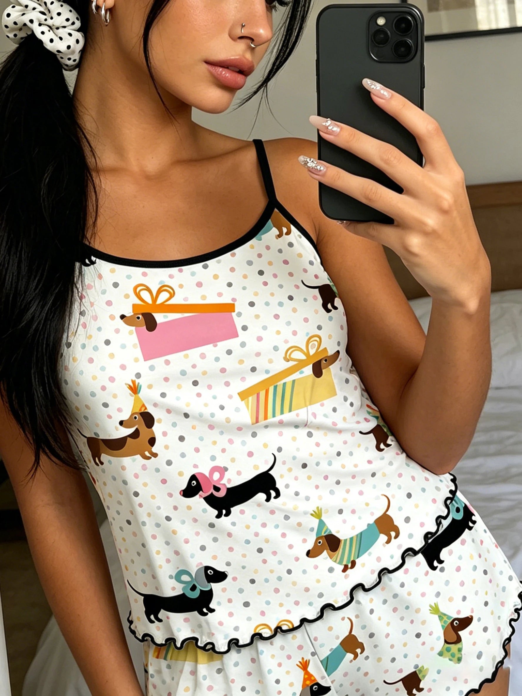 Women 2pcs Pajama Set Spaghetti Strap Ruffle Trim Round Neck Sleeveless Cami & Shorts Spring Summer Fall Cute Dachshund Print