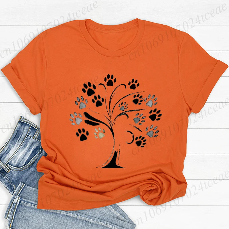 Women Dog Paw Print Graphic T Shirt Cute Pet Lover O Neck Short Sleeve Casual Streetwear Aesthetic Daily Fashion Tee Tops Gift