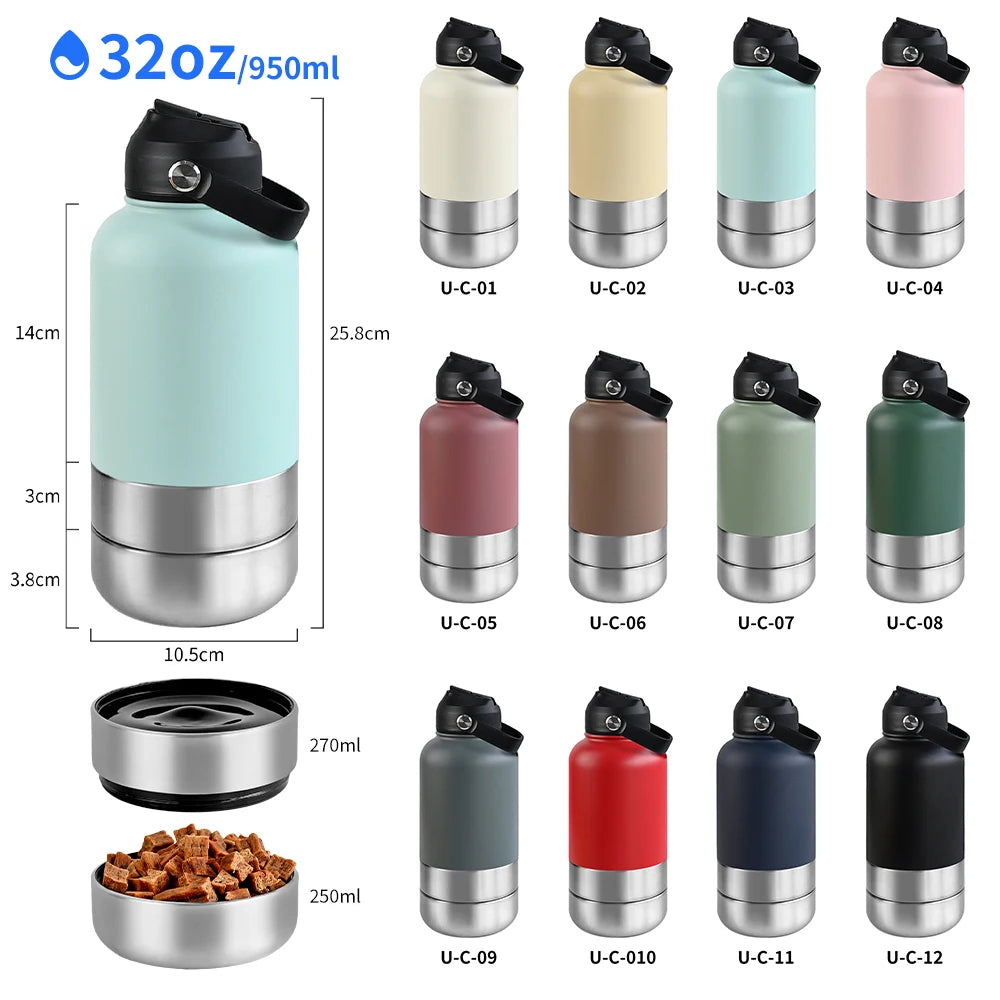 OKKPETS 32Oz Portable 3 in 1 Pet Water Bottle Stainless Steel Pet Feeder Travel Outdoor 34Oz Multifunc Pet Bowl Dog Food Cup