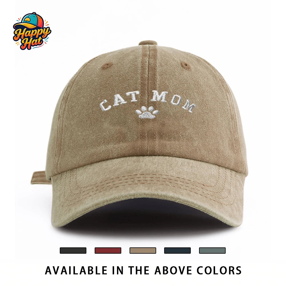 Cat Mom Paw Print Embroidered Vintage Baseball Cap for Women Sun Hat for Summer Daily Wear Beach Sports