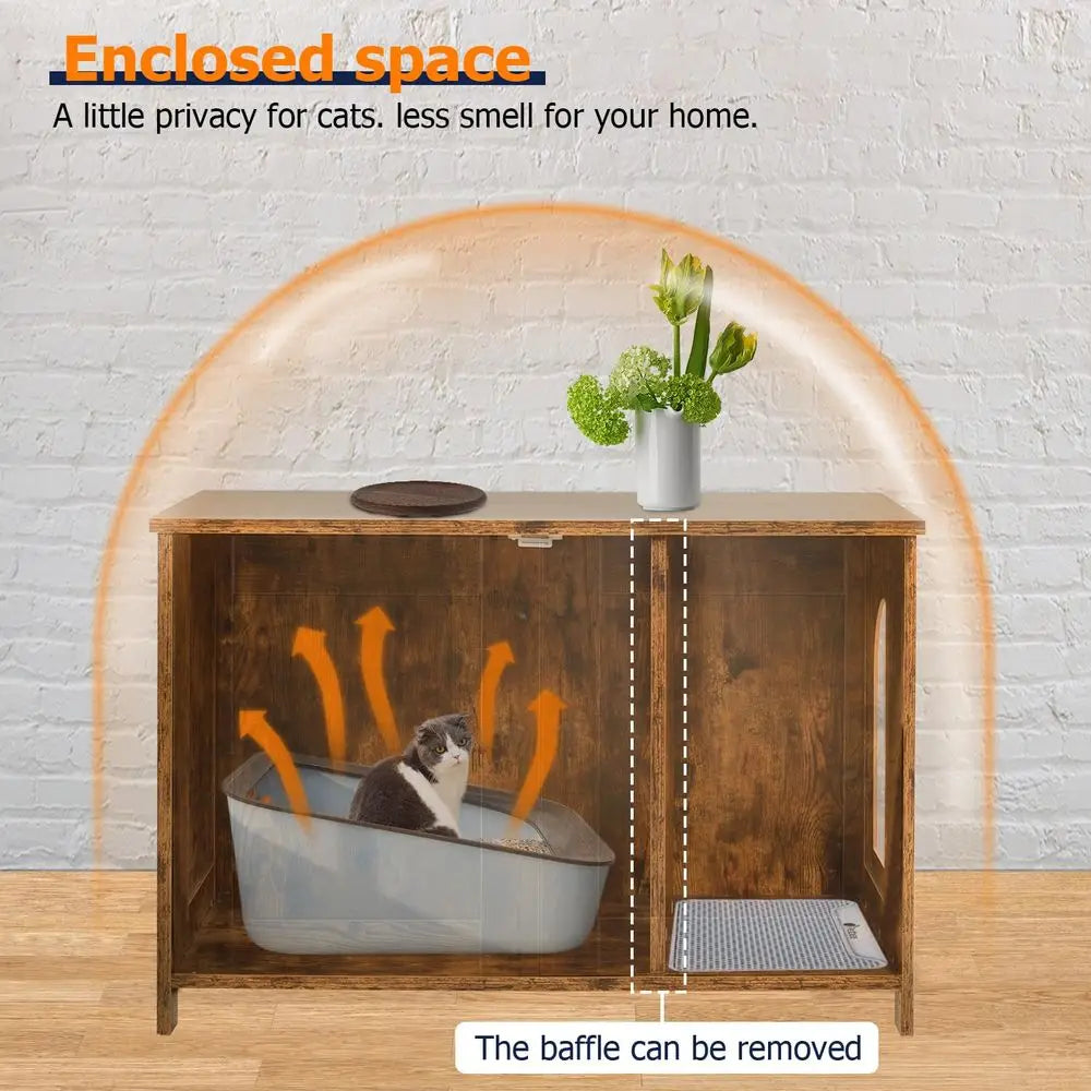 Cat Litter Box Enclosure, Wooden Cat House Furniture with Storage Cabinet, Hidden Litter Box with Removable Divider, Ventilatio