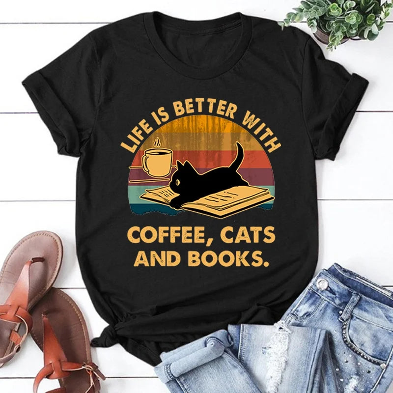 Hot Life Is Better With Coffee Cats And Books Print Loose Short Sleeve Harajuku Casual Tops Women Men T-Shirt