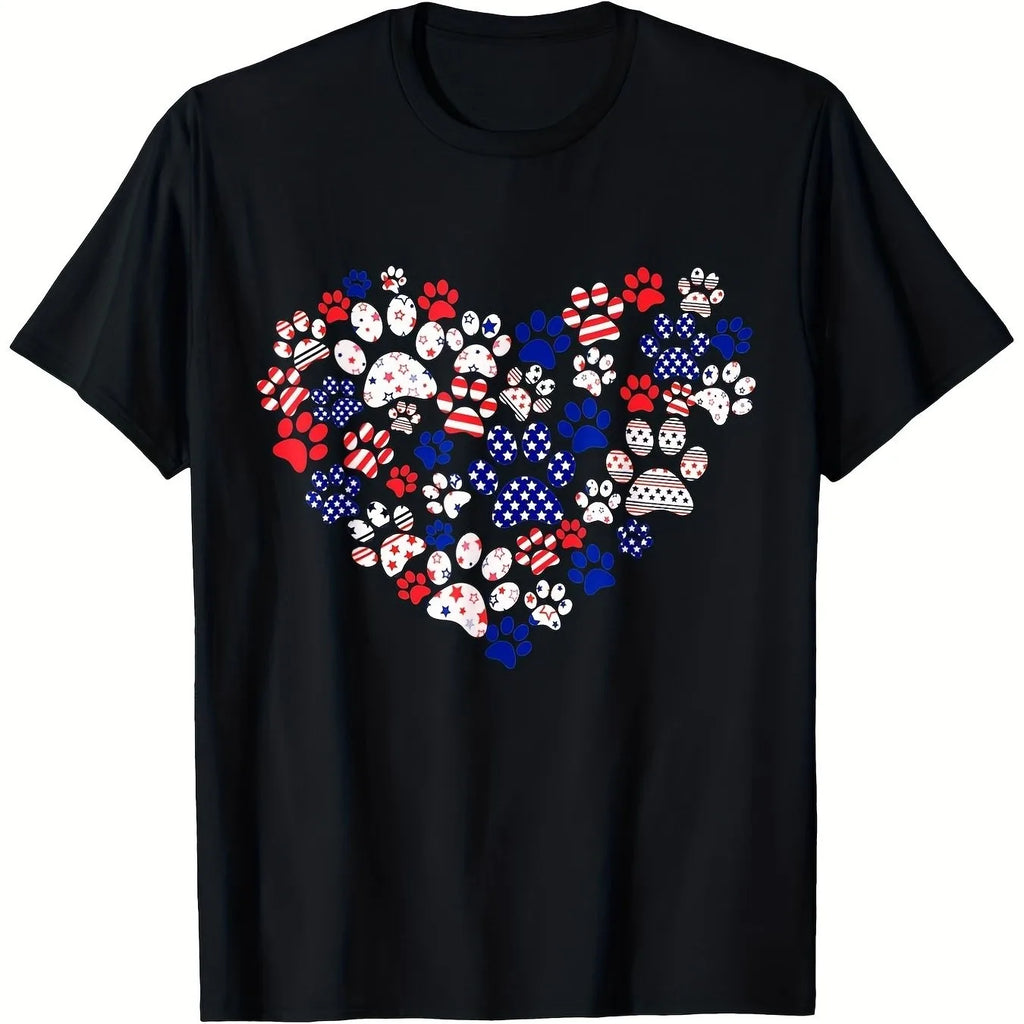Patriotic Paw Print Heart Graphic T-Shirt American Flag Dog Lover Daily Casual Tee