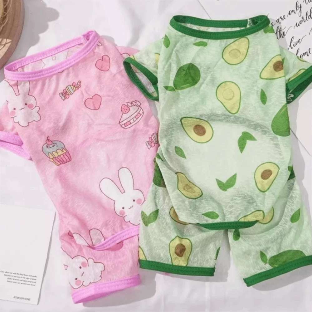 Cartoon Print Cat Cooling Jumpsuit Breathable Mesh Sun Protection Pet Four-legged Clothes Ultra-thin Summer Cat Clothes Travel