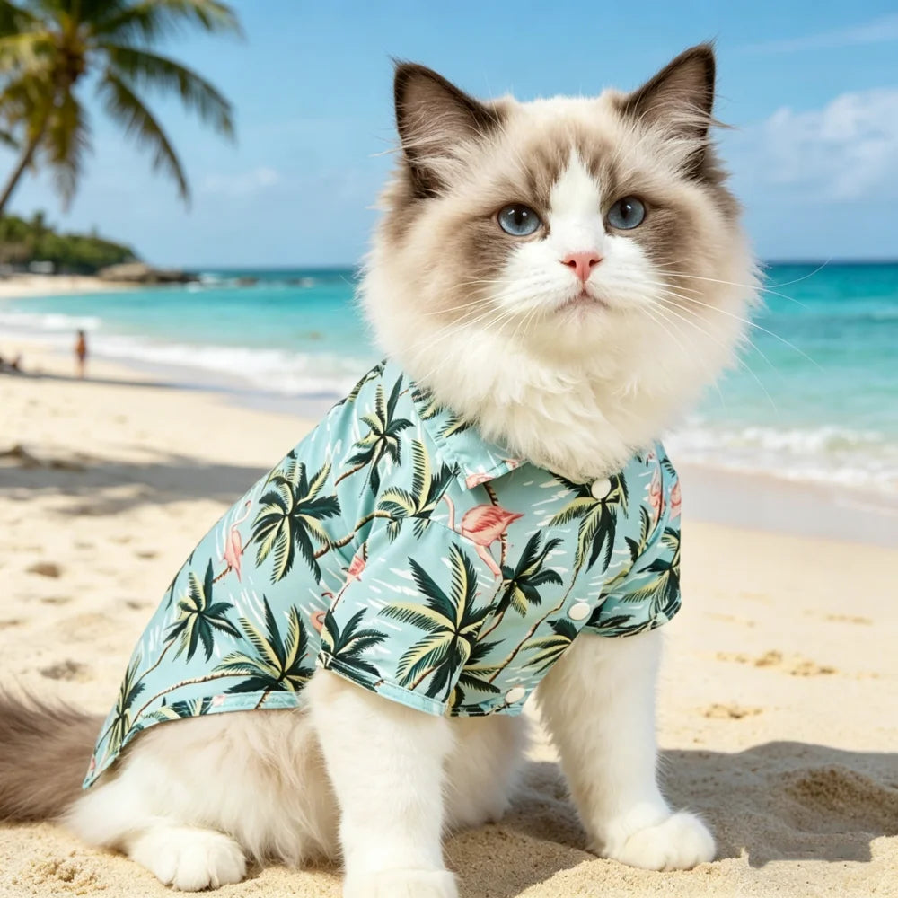 1pc  Spring, Summer, Autumn, and Fall Cat and Dog Hawaiian Baseball Short Sleeve Shirts with Leaf and Animal Print Pet Shirts