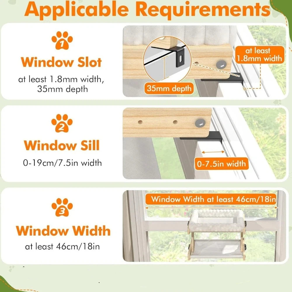Easy To Assemble Adjustable Cat Window Perch Plush Cushion Detachable Cat Window Bed Wooden Frame Cat Hammock Balcony