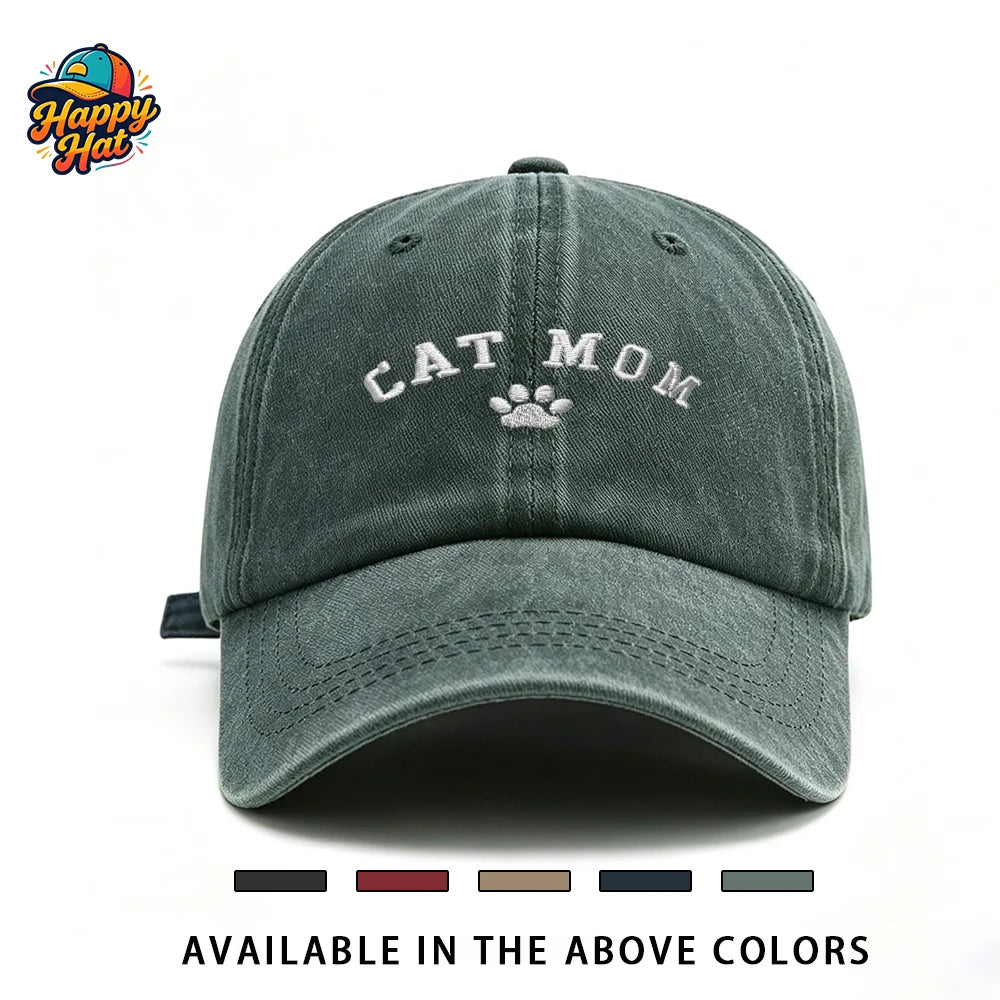 Cat Mom Paw Print Embroidered Vintage Baseball Cap for Women Sun Hat for Summer Daily Wear Beach Sports