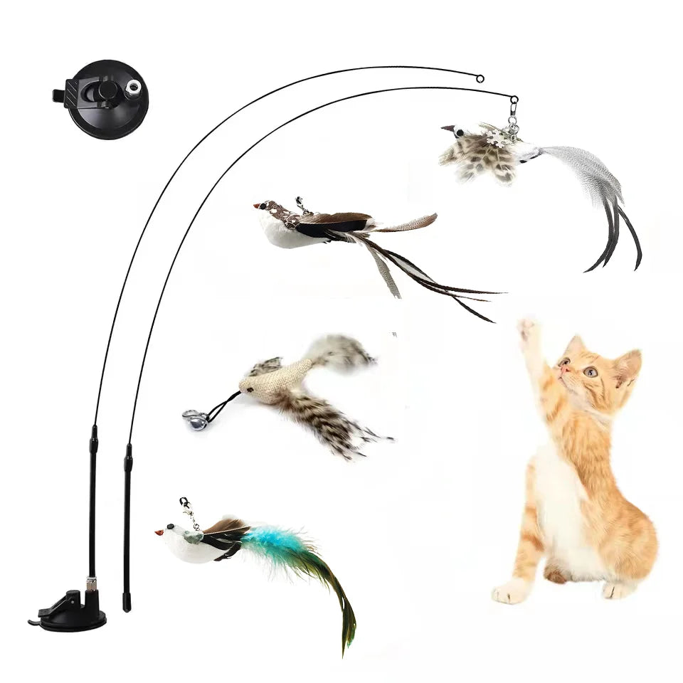 Interactive Feather Bird Cat Wand Toy with Bell & Suction Cup