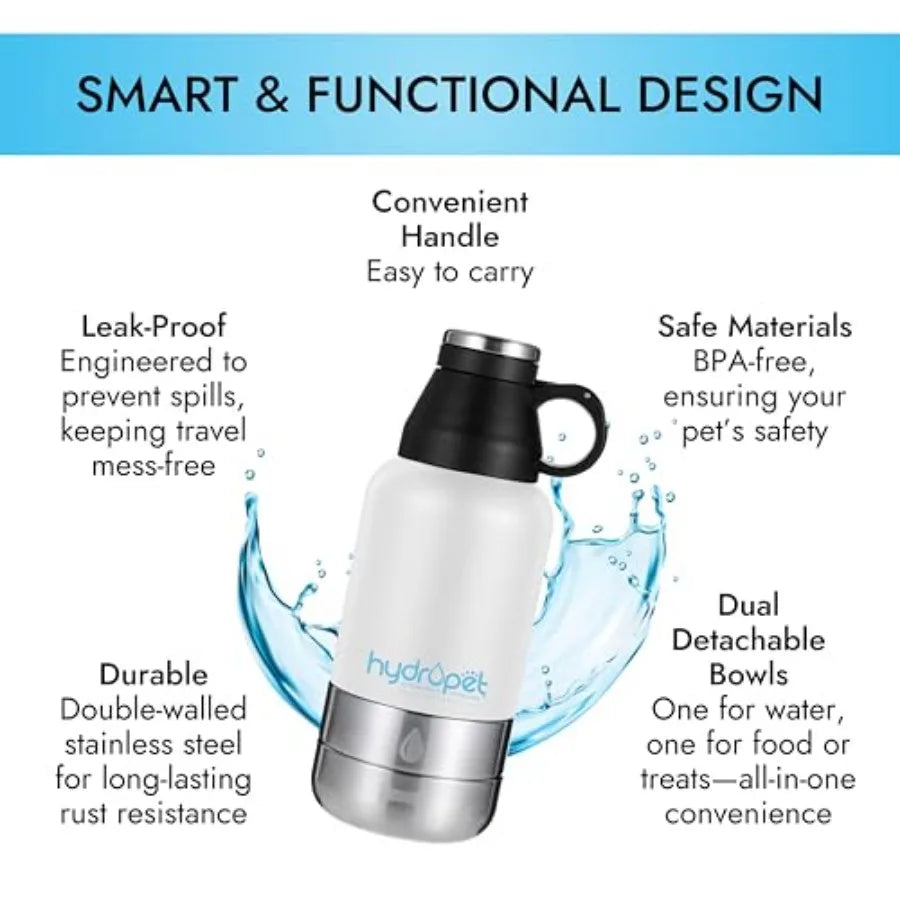 Hydropet Portable Dog Water Bottle - Insulated Dogs and Cats Travel Bottles Stainless Steel - Detachable Dog Food Bowl and Wate