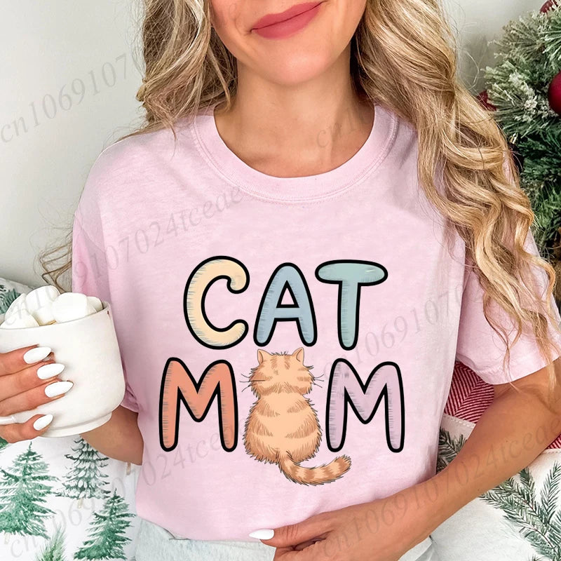 Summer New Fashion T-Shirts Cute Cat Mom Graphic Print Clothing Women's T-Shirt Harajuku Graphic Clothing Women Top Short Sleeve