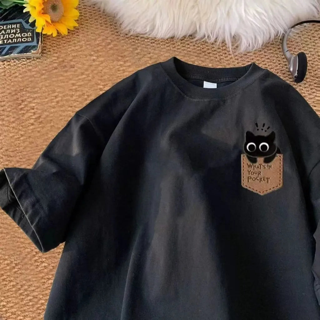 Men/Women Cute Cat Pocket Print Oversized T-Shirt Casual Short Sleeve Summer Tee