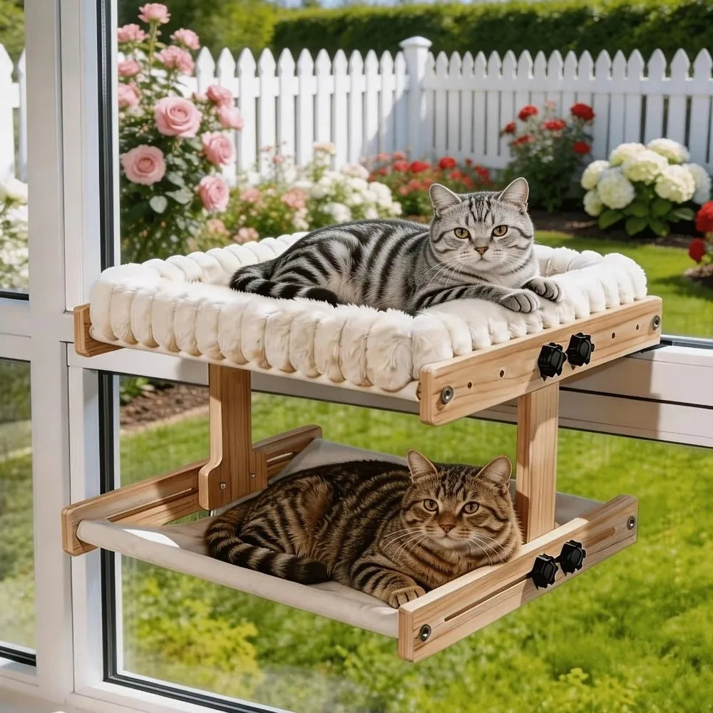 Easy To Assemble Adjustable Cat Window Perch Plush Cushion Detachable Cat Window Bed Wooden Frame Cat Hammock Balcony