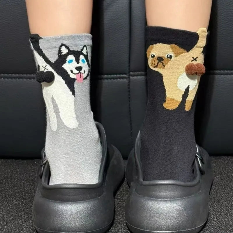 Cartoon Cute Dog Egg Cotton Socks for Women Kawaii Spring Autumn Knitting Middle Tube Socks Cat Butt Print Cat Balls Couple Sock