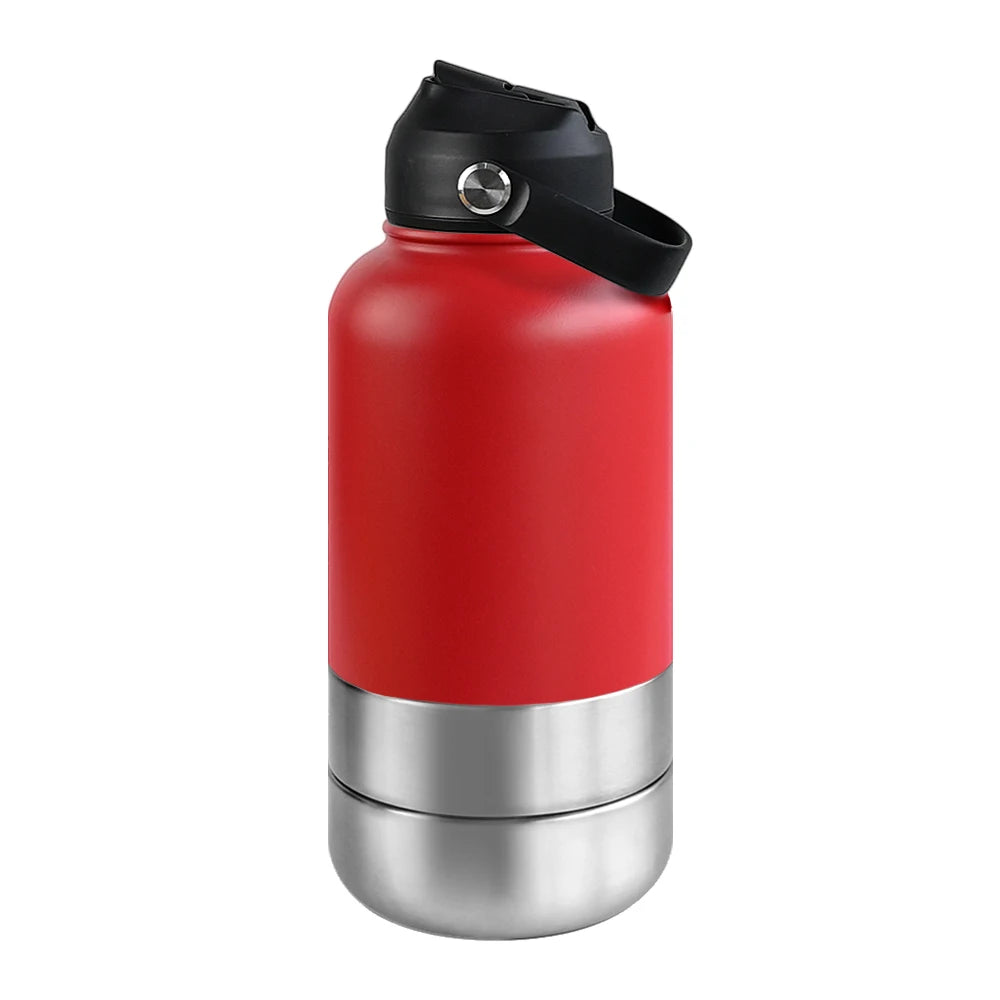 OKKPETS 32Oz Portable 3 in 1 Pet Water Bottle Stainless Steel Pet Feeder Travel Outdoor 34Oz Multifunc Pet Bowl Dog Food Cup