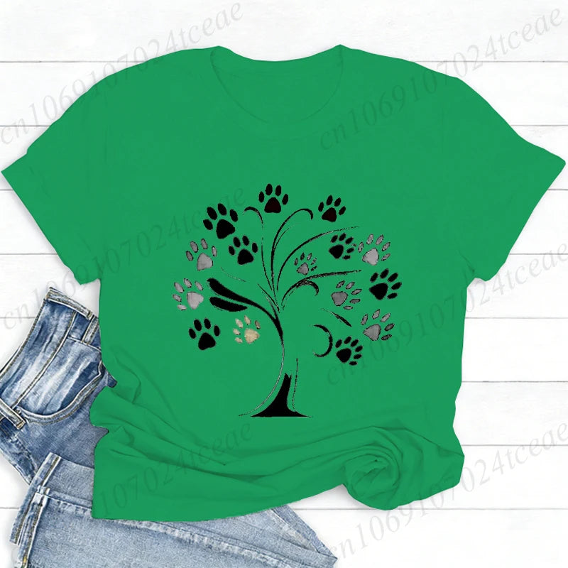 Women Dog Paw Print Graphic T Shirt Cute Pet Lover O Neck Short Sleeve Casual Streetwear Aesthetic Daily Fashion Tee Tops Gift