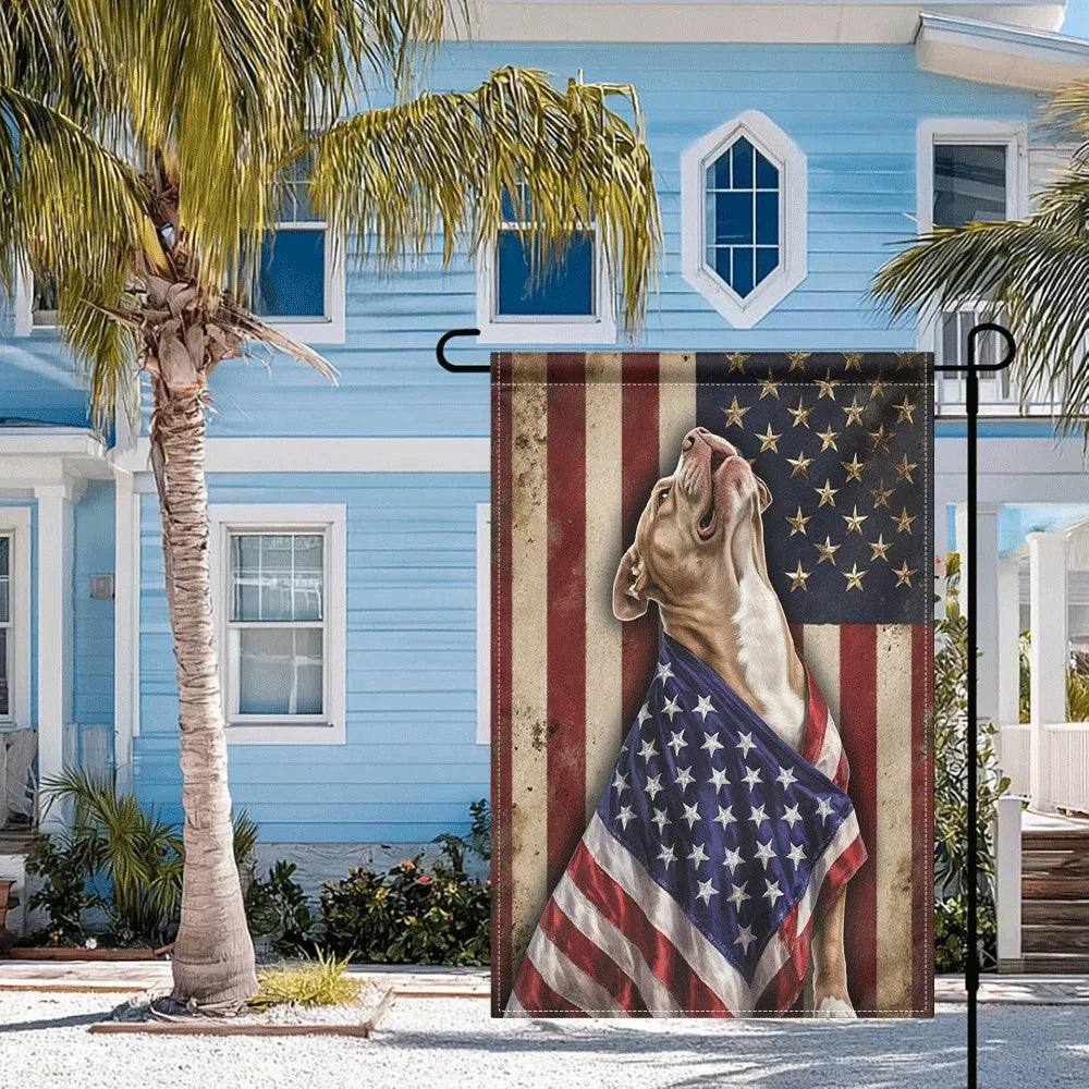 1PC American Flag Pitbull Garden Flag, Vintage Patriotic Dog Print Yard Flag, Double Sided Weather Resistant O