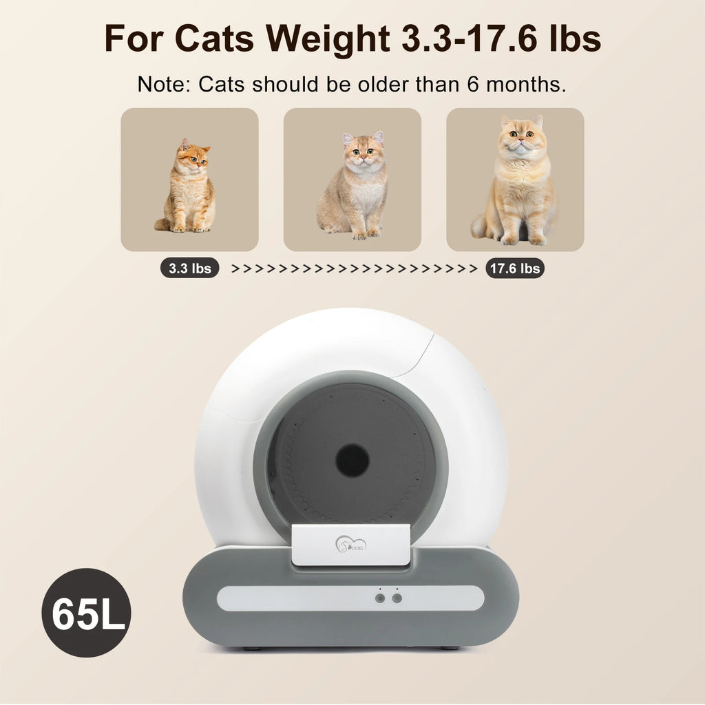 DOEL 65L Self-Cleaning Cat Litter Box App Control, ONLY Supports 2.4G WiFi w/Litter Mat&Trash Bags, Fit for Tofu & Mixed Litter