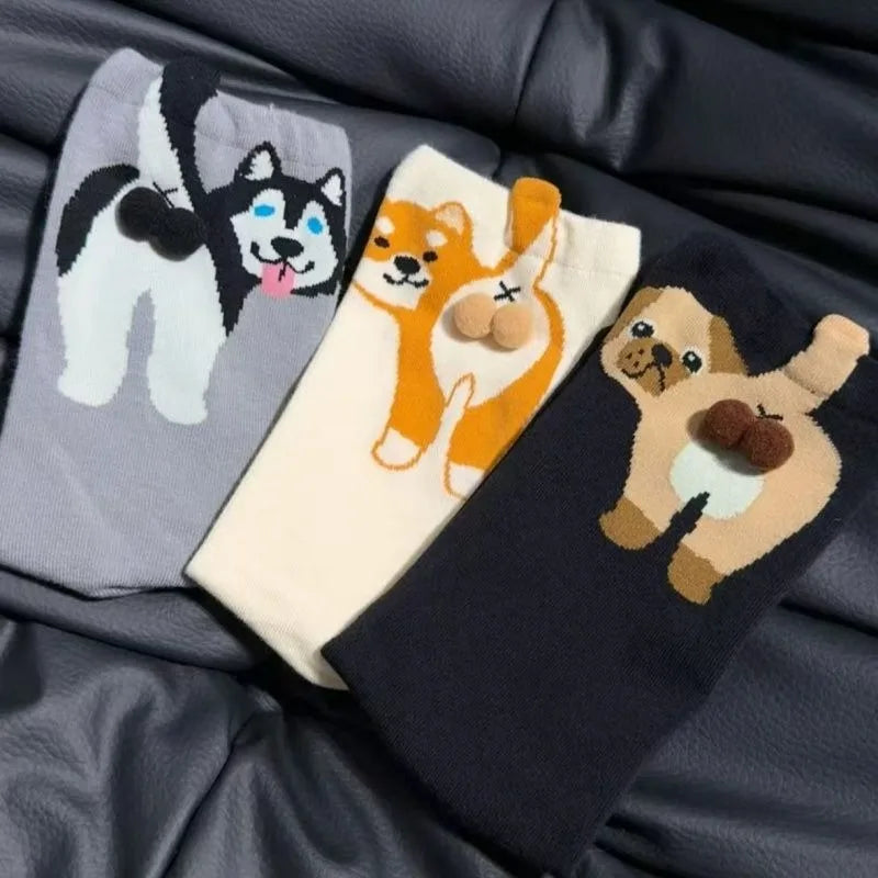 Cartoon Cute Dog Egg Cotton Socks for Women Kawaii Spring Autumn Knitting Middle Tube Socks Cat Butt Print Cat Balls Couple Sock