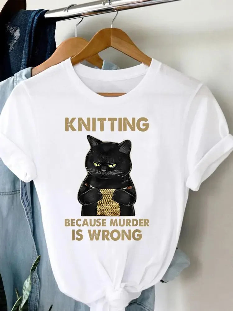Women's Harajuku Short-Sleeved Graphic T-Shirt Cat Print Aesthetic Top Casual Wear Polyester Fabric Summer Fashion