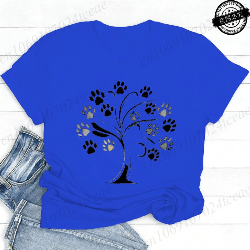 Women Dog Paw Print Graphic T Shirt Cute Pet Lover O Neck Short Sleeve Casual Streetwear Aesthetic Daily Fashion Tee Tops Gift