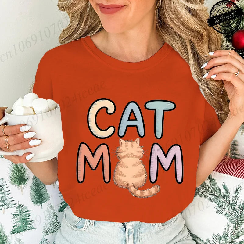 Summer New Fashion T-Shirts Cute Cat Mom Graphic Print Clothing Women's T-Shirt Harajuku Graphic Clothing Women Top Short Sleeve
