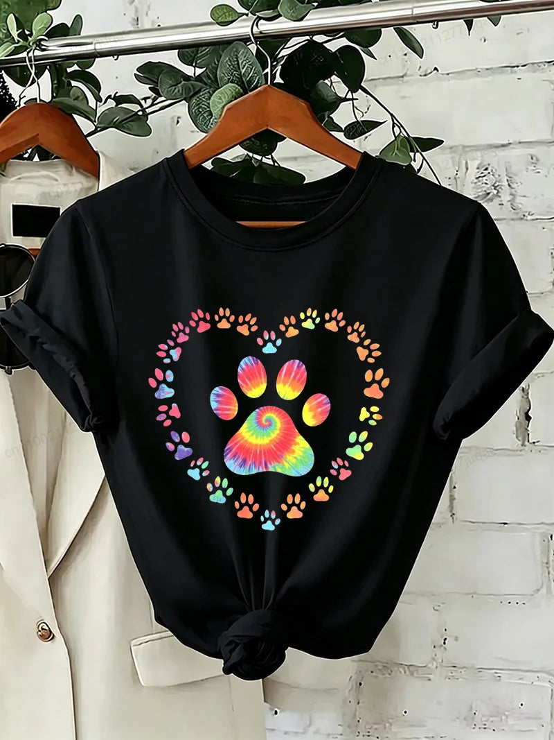 Dog Paw Print Heart Animal Lover T-Shirts Colorful Dog Paw Colorful Dog Paw Shirts Heart Anime Women's T-Shirts Short Sleeve