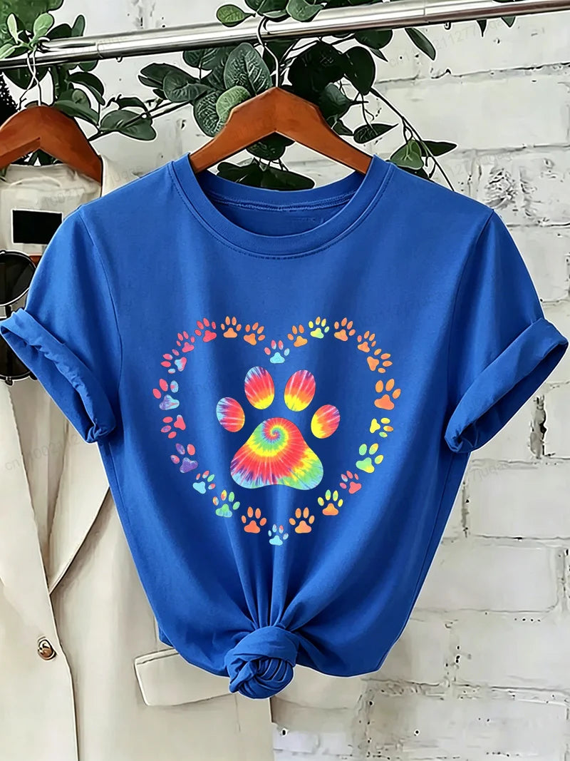 Dog Paw Print Heart Animal Lover T-Shirts Colorful Dog Paw Colorful Dog Paw Shirts Heart Anime Women's T-Shirts Short Sleeve