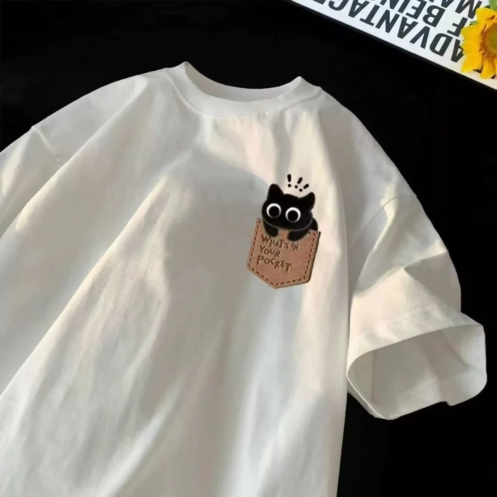 Men/Women Cute Cat Pocket Print Oversized T-Shirt Casual Short Sleeve Summer Tee