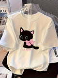 Cute Black Cat with Pink Bow Pattern T-Shirt, Women's Summer Casual Short-Sleeve Crew Neck T-Shirt, Kawaii Kitten Harajuku Style