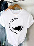 Women's Harajuku Short-Sleeved Graphic T-Shirt Cat Print Aesthetic Top Casual Wear Polyester Fabric Summer Fashion