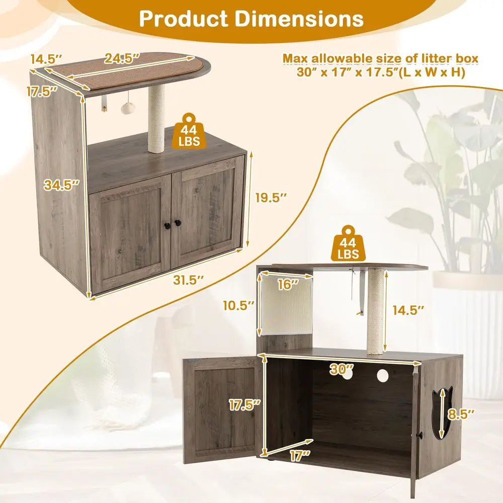 Cat Litter Box Enclosure with Cat Tree, 2in1 Hidden Litter Box with Pad Covered Spacious Top Perch, Sisal Scratching Post and P