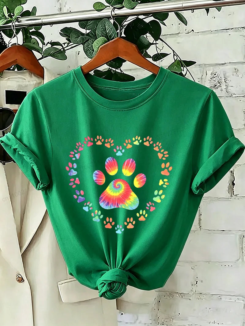 Dog Paw Print Heart Animal Lover T-Shirts Colorful Dog Paw Colorful Dog Paw Shirts Heart Anime Women's T-Shirts Short Sleeve