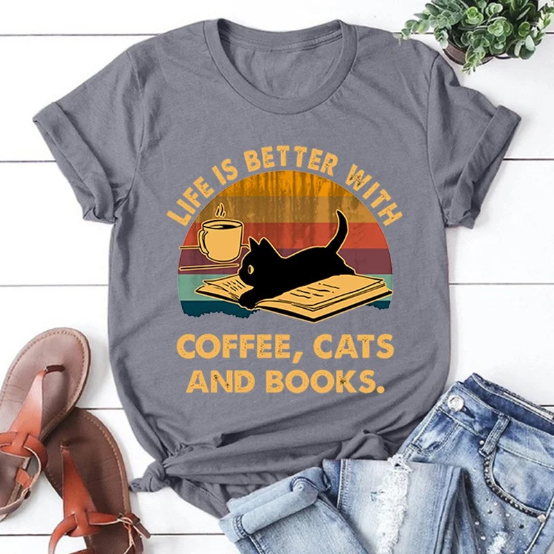Hot Life Is Better With Coffee Cats And Books Print Loose Short Sleeve Harajuku Casual Tops Women Men T-Shirt