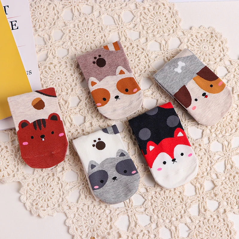 5 Pairs New Cartoon Socks Kawaii Women Cute Animal Patterned Fox Dogs Bear Cat Cotton Socks Student Printed Casual Socks Female