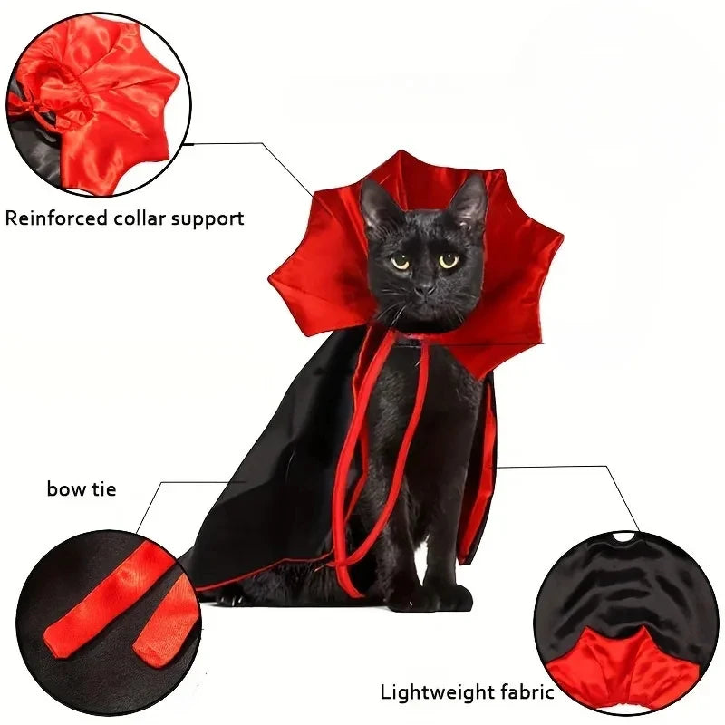 Spooky Vampire Halloween Costume for Cats, Cloak & Hat Set, Pet Party Festival Cosplay Apparel