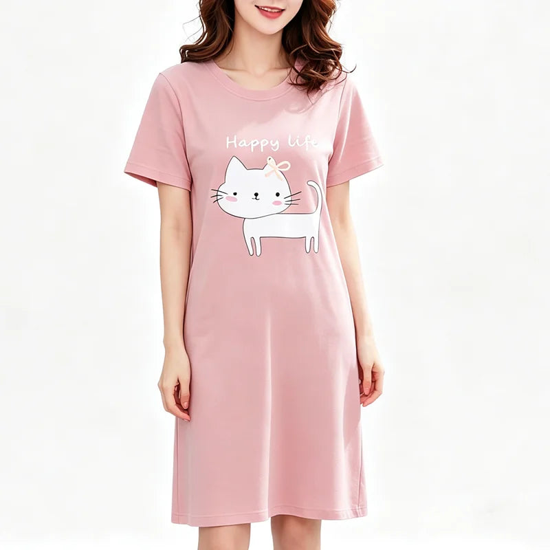 Cute Cat Women's Nightgowns Fashion Night Wear Summer Nightdress Cartoon Femme Sleepwear Plus Size Pijamas Pyjama