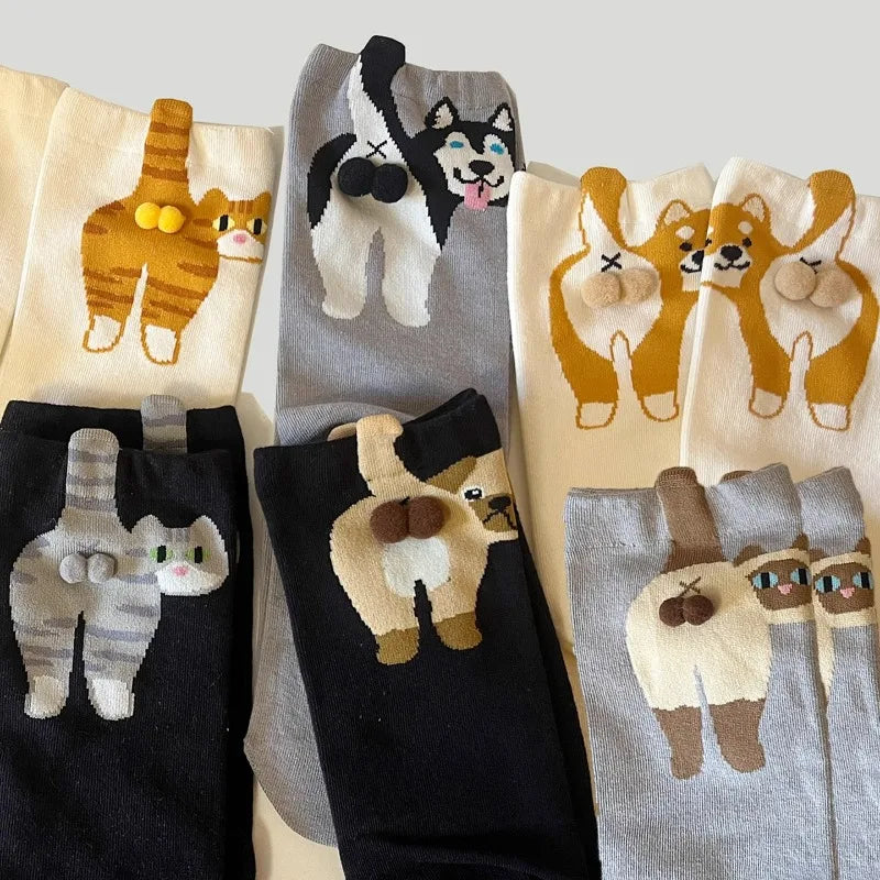 Cartoon Cute Dog Egg Cotton Socks for Women Kawaii Spring Autumn Knitting Middle Tube Socks Cat Butt Print Cat Balls Couple Sock