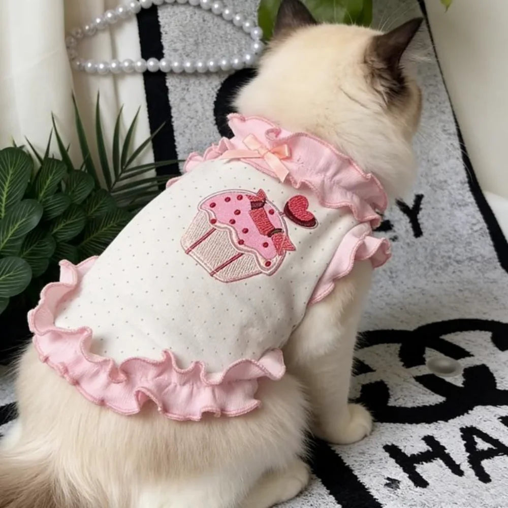 Cake Embroidery Cat Dog Flower Edges Skirt Polka Dots Thin Summer Pet Vest Flying Sleeves Breathable Cat Princess Dress