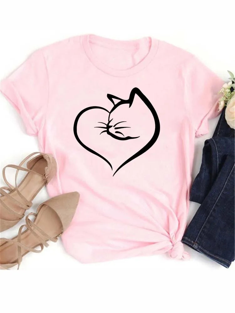 New Cute Love Heart Cat Print Women T-Shirt Casual Short Sleeve Top Summer Women's Clothing Cartoon Streetwear Y2k Clothes