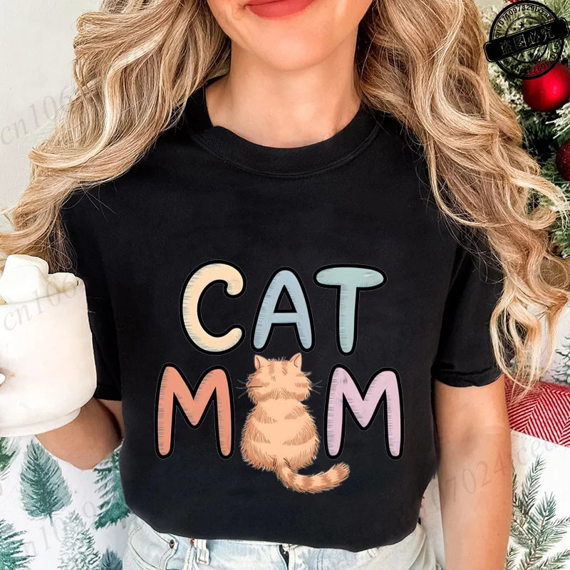 Summer New Fashion T-Shirts Cute Cat Mom Graphic Print Clothing Women's T-Shirt Harajuku Graphic Clothing Women Top Short Sleeve