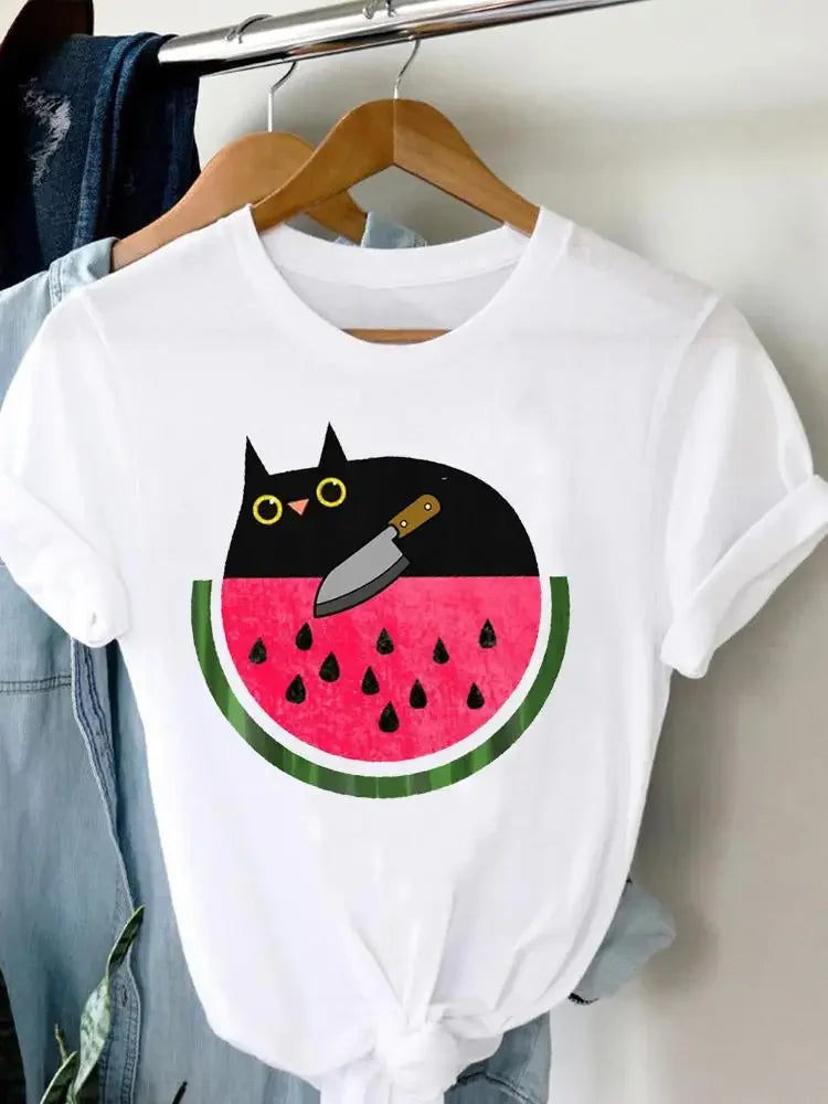 Women's Harajuku Short-Sleeved Graphic T-Shirt Cat Print Aesthetic Top Casual Wear Polyester Fabric Summer Fashion