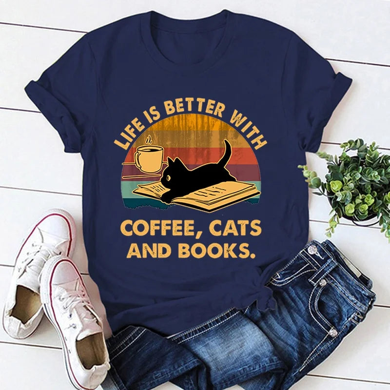 Hot Life Is Better With Coffee Cats And Books Print Loose Short Sleeve Harajuku Casual Tops Women Men T-Shirt