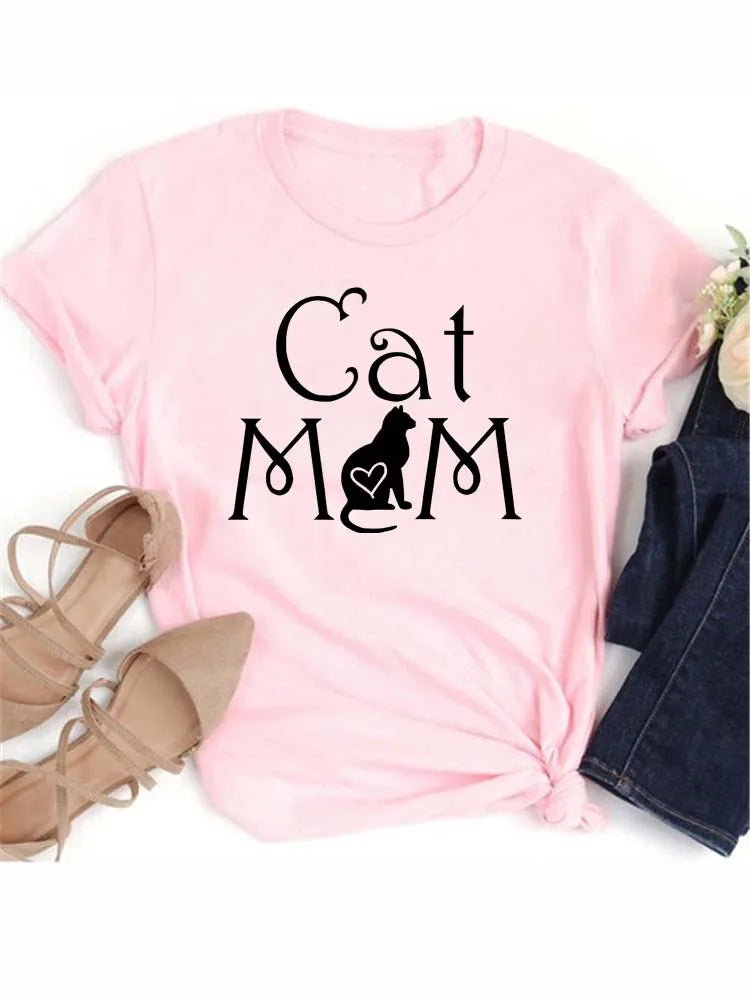 New Cute Love Heart Cat Print Women T-Shirt Casual Short Sleeve Top Summer Women's Clothing Cartoon Streetwear Y2k Clothes