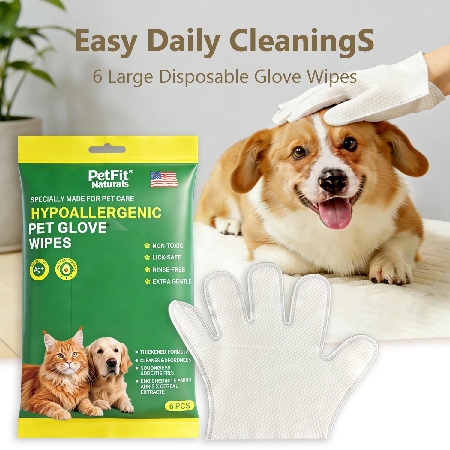 SEAMETAL 6Pcs Thicken Pet Wipes Gloves Deep Cleaning Dog & Cat Wipes Disposable Cleaning Gloves for Pet Care Cat Dog Supplies